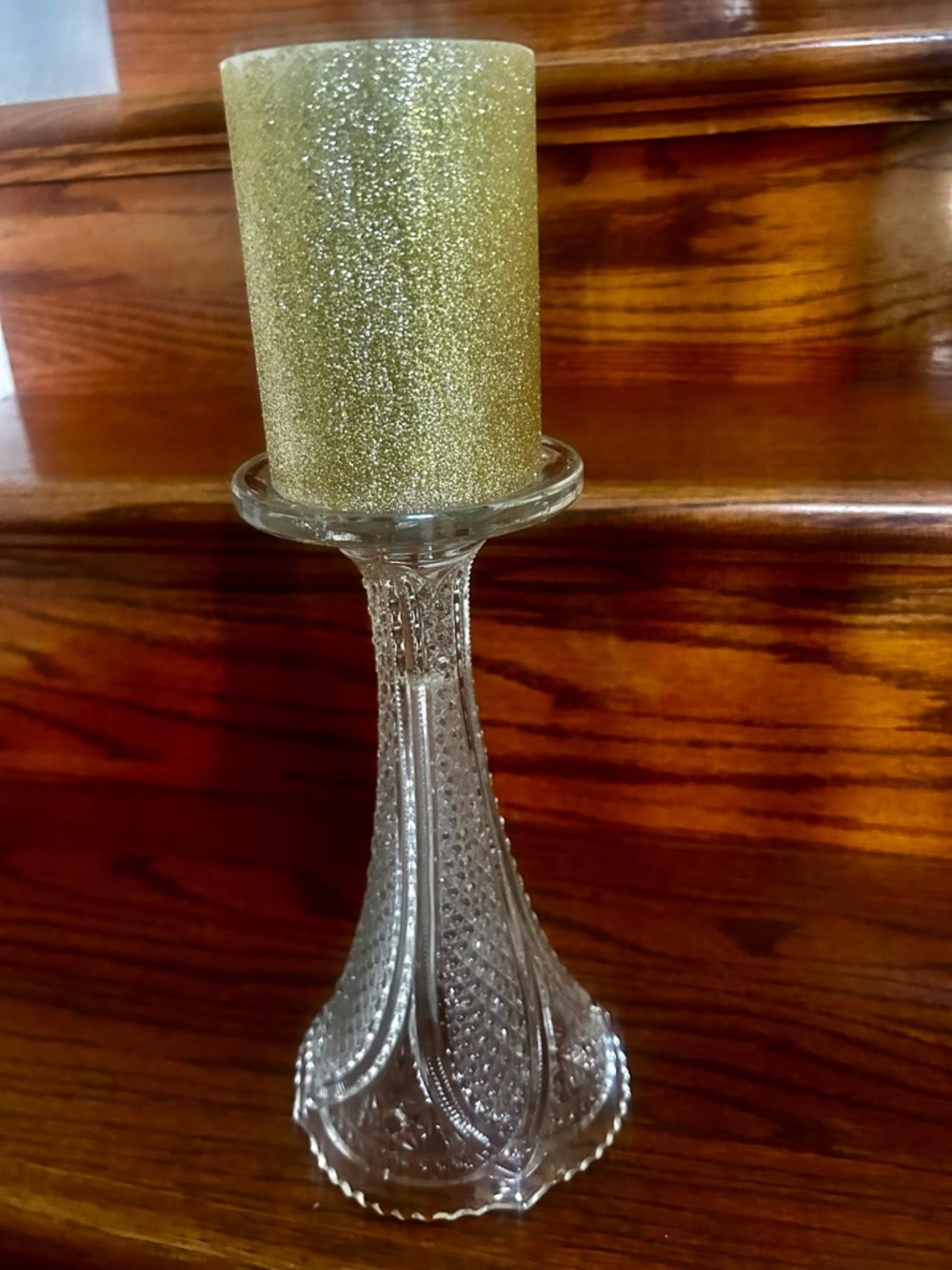 Glass Pedestal Candle Holder with Gold Glitter Pillar Candle